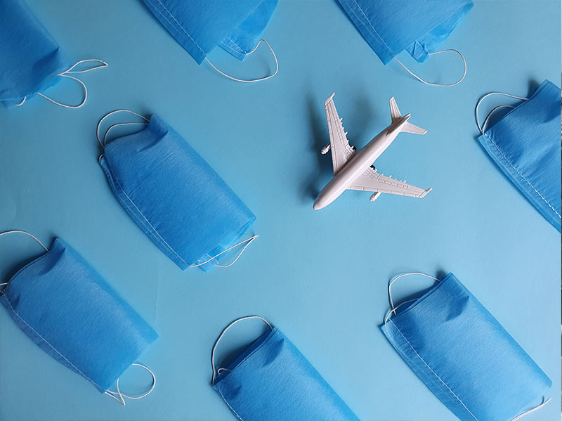 Airplane with face masks related to COVID-19